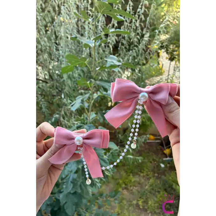 2li İncili Sallantılı Pembe Fiyonk Pens Toka Seti - Zarif Kız Çocuk Kurdeleli Klipsli Saç Tokası