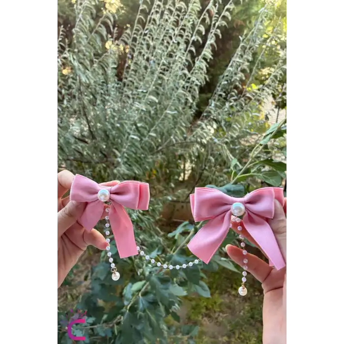 2li İncili Sallantılı Pembe Fiyonk Pens Toka Seti - Zarif Kız Çocuk Kurdeleli Klipsli Saç Tokası