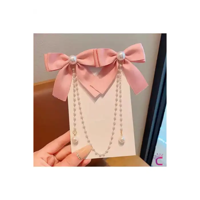 2li İncili Sallantılı Pembe Fiyonk Pens Toka Seti - Zarif Kız Çocuk Kurdeleli Klipsli Saç Tokası