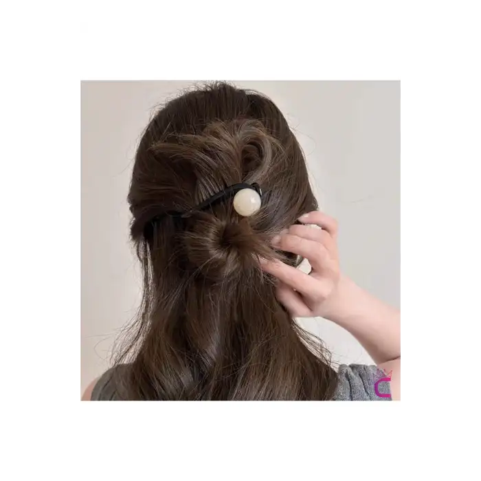 Vintage Retro Şık Siyah Renkli İncili Kıstırmalı Saç Tokası 11cm - Topuz Tokası Klipsli Toka