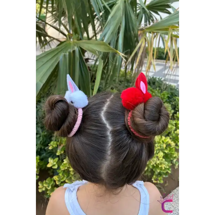 2li Kırmızı Beyaz Tavşanlı Lastikli Toka Seti - 23 Nisan 29 Ekim Cumhuriyet Bayramı Saç Tokası