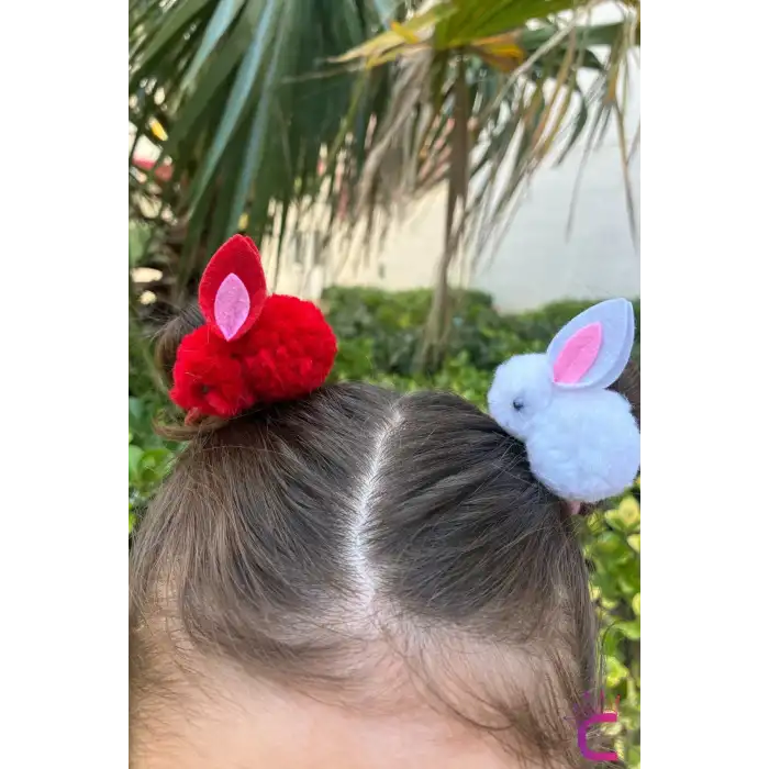 2li Kırmızı Beyaz Tavşanlı Lastikli Toka Seti - 23 Nisan 29 Ekim Cumhuriyet Bayramı Saç Tokası