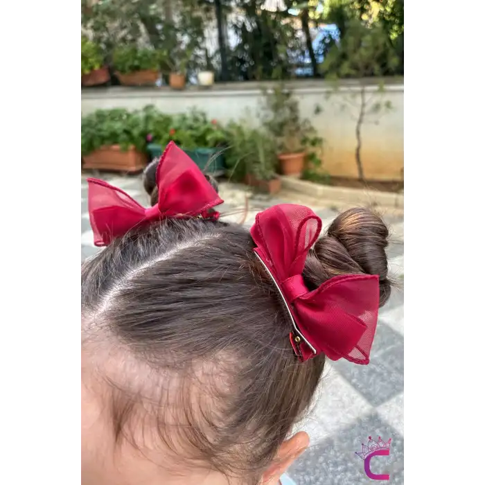 2li Bordo Kırmızı Kurdele Fiyonk Pens Toka Seti 9cm- 23 Nisan 29 Ekim Cumhuriyet Bayramı Saç Tokası