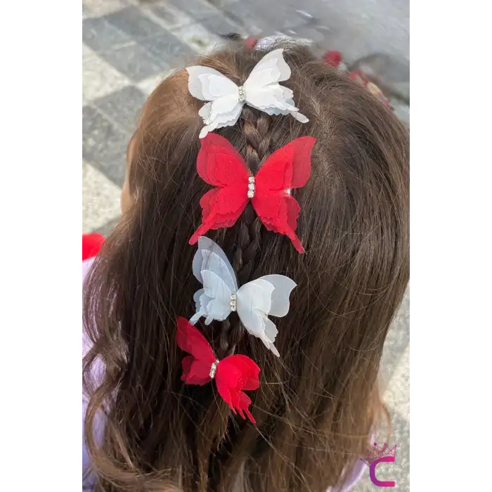 6lı Kırmızı Beyaz Taşlı Hareketli Tül Kelebekli Pens Toka Seti 5cm- 23 Nisan 29 Ekim Bayramı Tokası