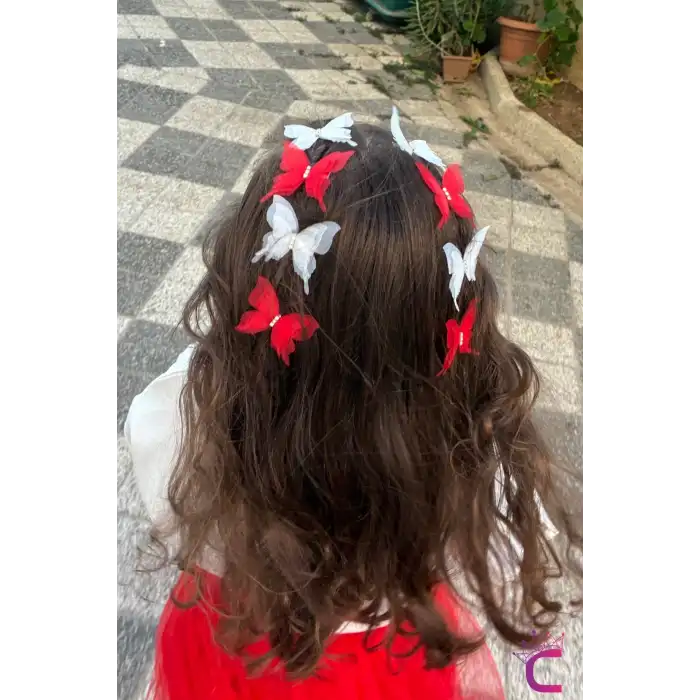 6lı Kırmızı Beyaz Taşlı Hareketli Tül Kelebekli Pens Toka Seti 5cm- 23 Nisan 29 Ekim Bayramı Tokası