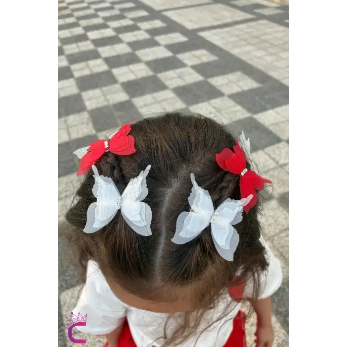 6lı Kırmızı Beyaz Taşlı Hareketli Tül Kelebekli Pens Toka Seti 5cm- 23 Nisan 29 Ekim Bayramı Tokası