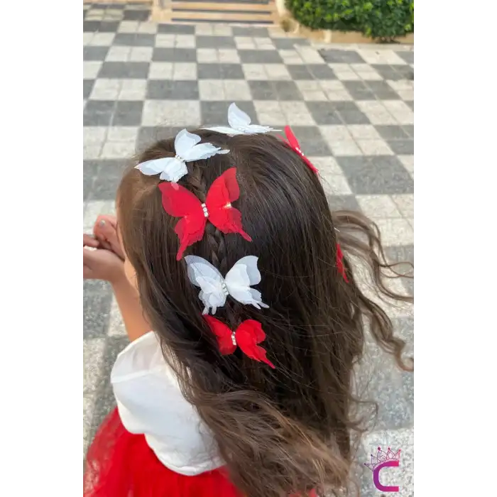 6lı Kırmızı Beyaz Taşlı Hareketli Tül Kelebekli Pens Toka Seti 5cm- 23 Nisan 29 Ekim Bayramı Tokası