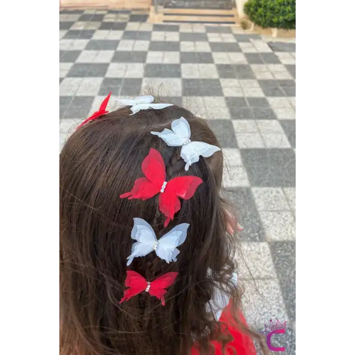 6lı Kırmızı Beyaz Taşlı Hareketli Tül Kelebekli Pens Toka Seti 5cm- 23 Nisan 29 Ekim Bayramı Tokası