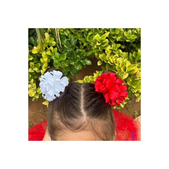 2li Kırmızı Beyaz Kurdele Çiçekli 23 Nisan Lastikli Topuz Tokası 7cm - 29 Ekim Bayramı Saç Tokası