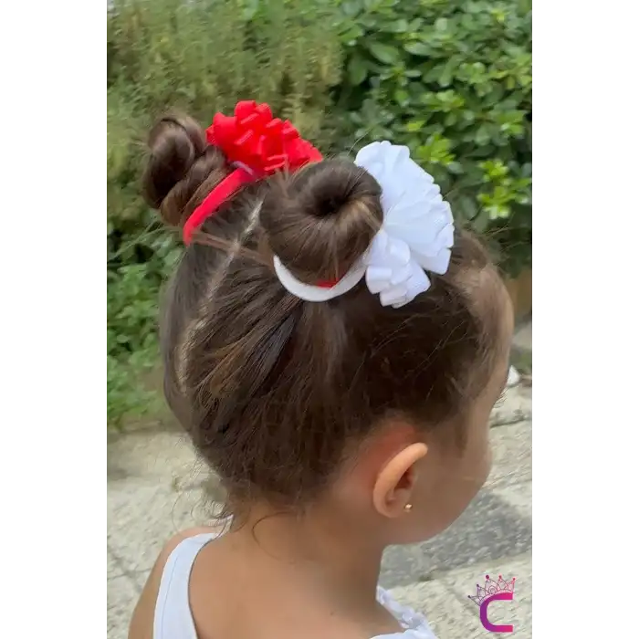 2li Kırmızı Beyaz Kurdele Çiçekli 23 Nisan Lastikli Topuz Tokası 7cm - 29 Ekim Bayramı Saç Tokası