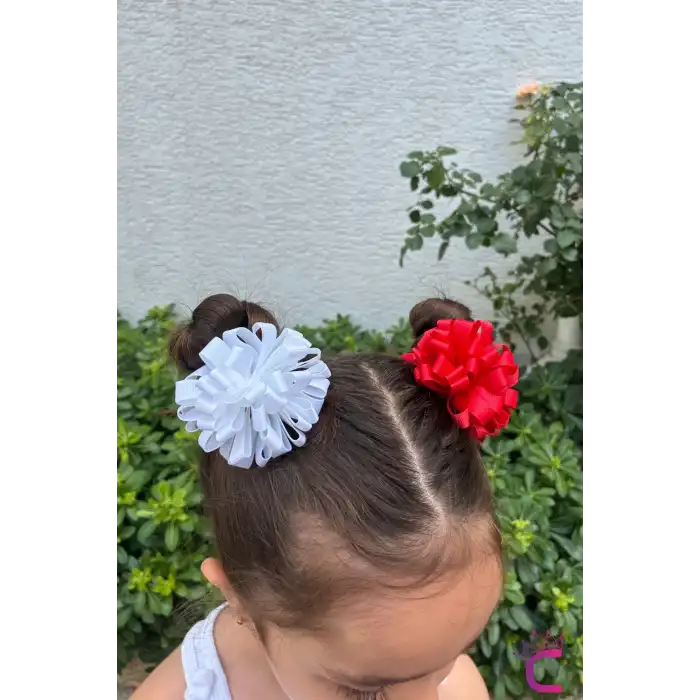 2li Kırmızı Beyaz Kurdele Çiçekli 23 Nisan Lastikli Topuz Tokası 7cm - 29 Ekim Bayramı Saç Tokası