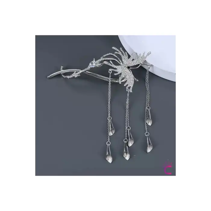 Japon Çin Tarzı Sallantılı Mavi Taşlı Kıstırmalı Topuz Tokası Gümüş 13cm - Düğün Gelin Saç Aksesuarı