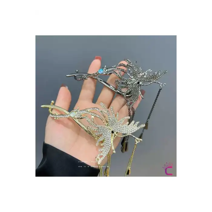 Vintage Sallantılı Mavi Taşlı Kıstırmalı Metal Topuz Tokası Gold 13cm - Düğün Gelin Nikah Aksesuarı