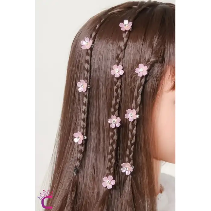 10lu Pembe Çiçekli Taşlı Çıt Çıt Klipsli Örgü Saç Süsü - Genç Kız Çocuk Süsleme Tokası Küpesi Metal