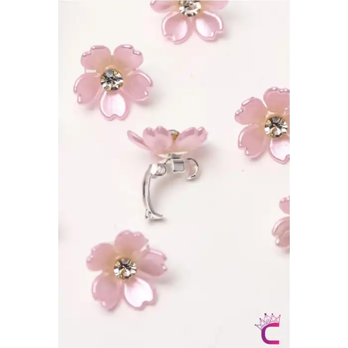 10lu Pembe Çiçekli Taşlı Çıt Çıt Klipsli Örgü Saç Süsü - Genç Kız Çocuk Süsleme Tokası Küpesi Metal