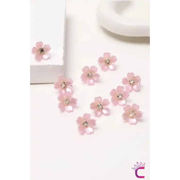 10lu Pembe Çiçekli Taşlı Çıt Çıt Klipsli Örgü Saç Süsü - Genç Kız Çocuk Süsleme Tokası Küpesi Metal