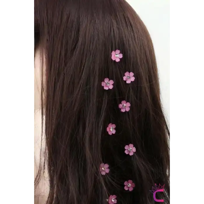 10lu Pembe Çiçekli Taşlı Çıt Çıt Klipsli Örgü Saç Süsü - Genç Kız Çocuk Süsleme Tokası Küpesi Metal
