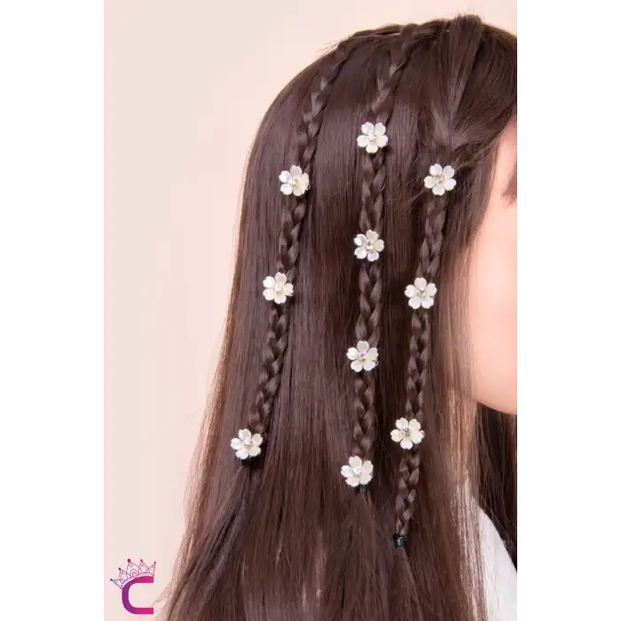 10lu Beyaz Çiçekli Taşlı Çıtçıt Klipsli Örgü Saç Süsü - Genç Kız Çocuk Süsleme Tokası Küpesi Metal