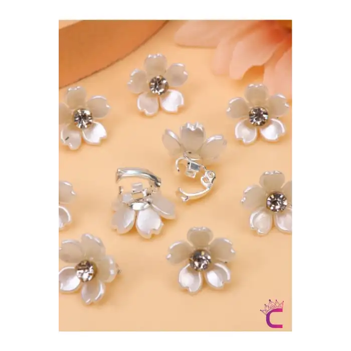 10lu Beyaz Çiçekli Taşlı Çıtçıt Klipsli Örgü Saç Süsü - Genç Kız Çocuk Süsleme Tokası Küpesi Metal