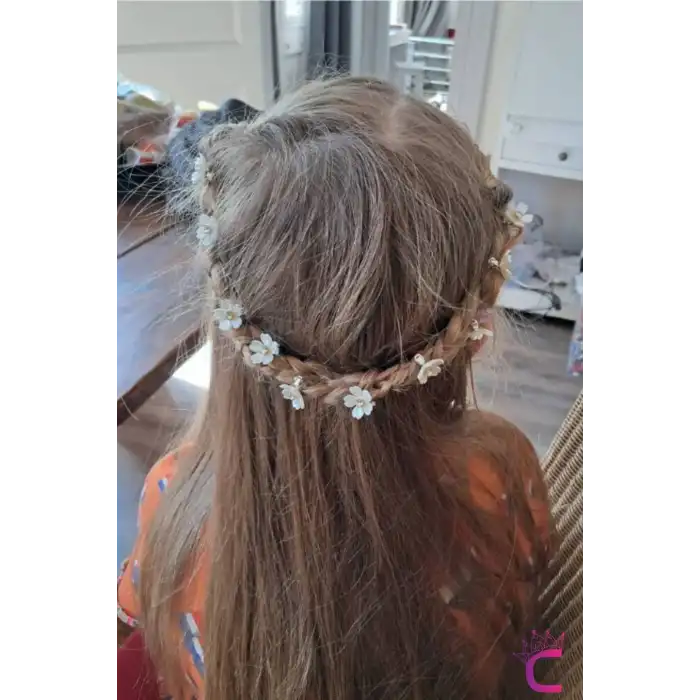 10lu Beyaz Çiçekli Taşlı Çıtçıt Klipsli Örgü Saç Süsü - Genç Kız Çocuk Süsleme Tokası Küpesi Metal