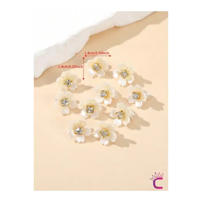 10lu Beyaz Çiçekli Taşlı Çıtçıt Klipsli Örgü Saç Süsü - Genç Kız Çocuk Süsleme Tokası Küpesi Metal