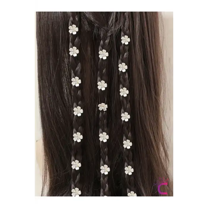 10lu Beyaz Çiçekli Taşlı Çıtçıt Klipsli Örgü Saç Süsü - Genç Kız Çocuk Süsleme Tokası Küpesi Metal