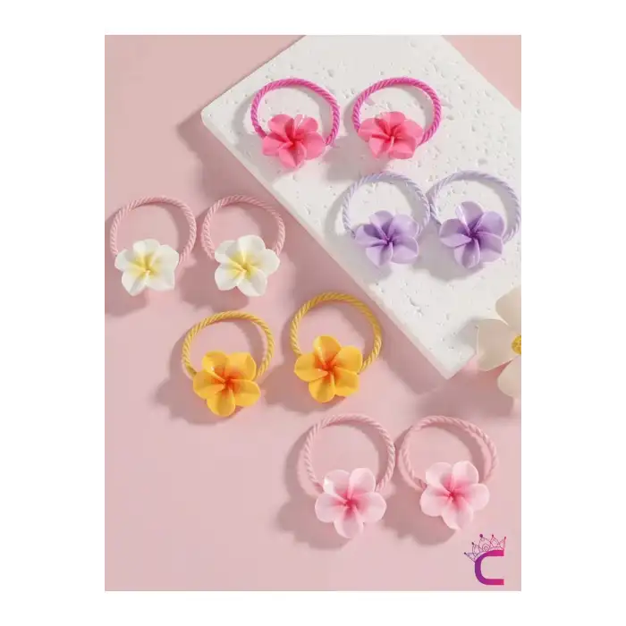 10lu Plumeria Çiçekli Dayanıklı Renkli Kız Çocuk Lastik Toka - Gür Saç Esnek Lastikli Saç Tokası