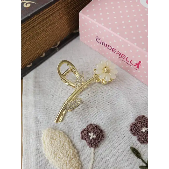 Zarif Papatya Çiçekli Zirkon Taşlı Yapraklı Gold Kadın Mandal Toka 10 cm - Metal Mandallı Saç Tokası