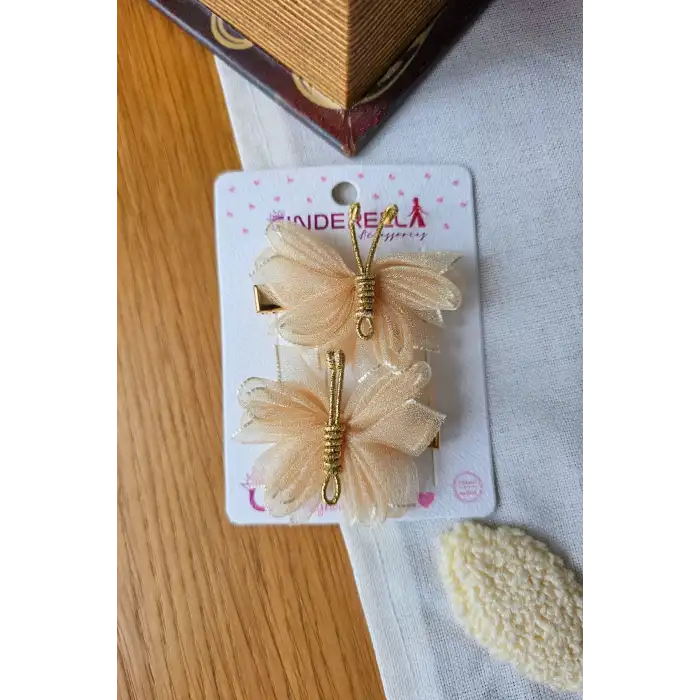 2li Soft Bej Tül Kanatlı Gold Detaylı Kelebek Toka Seti 5cm - Kelebekli Toka Pens Klips Saç Tokası