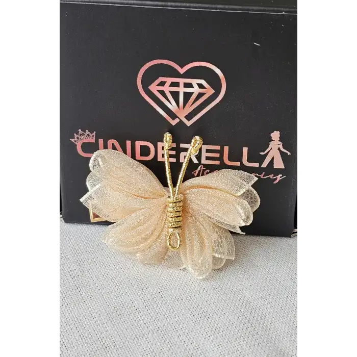 2li Soft Bej Tül Kanatlı Gold Detaylı Kelebek Toka Seti 5cm - Kelebekli Toka Pens Klips Saç Tokası