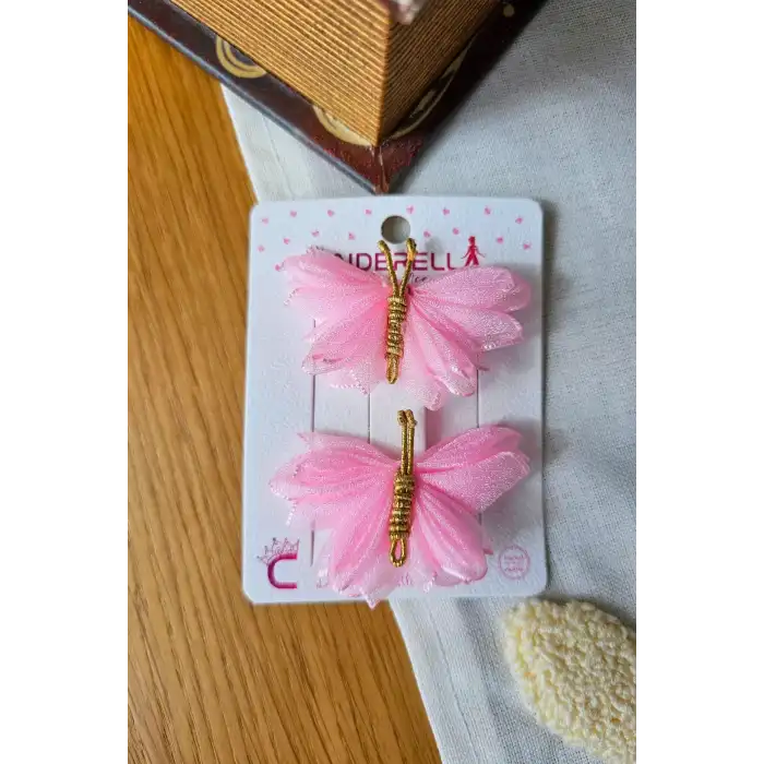 2li Pembe Tüllü Kanatlı Renkli Kelebek Toka Seti 5cm - Kelebekli Toka Pens Klipsli Saç Tokası