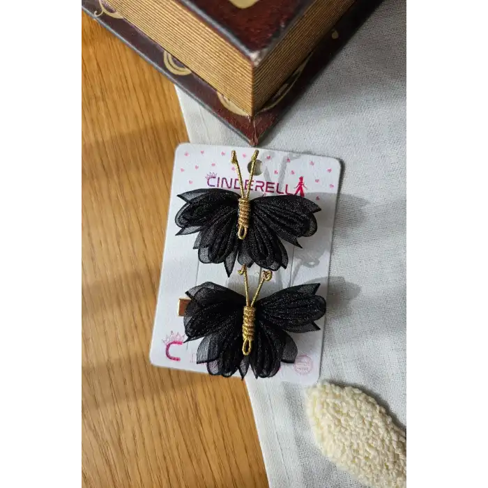 2li Şık Siyah Tül Kanatlı Gold Detaylı Kelebek Toka Seti 5cm - Kelebekli Toka Pens Klips Saç Tokası