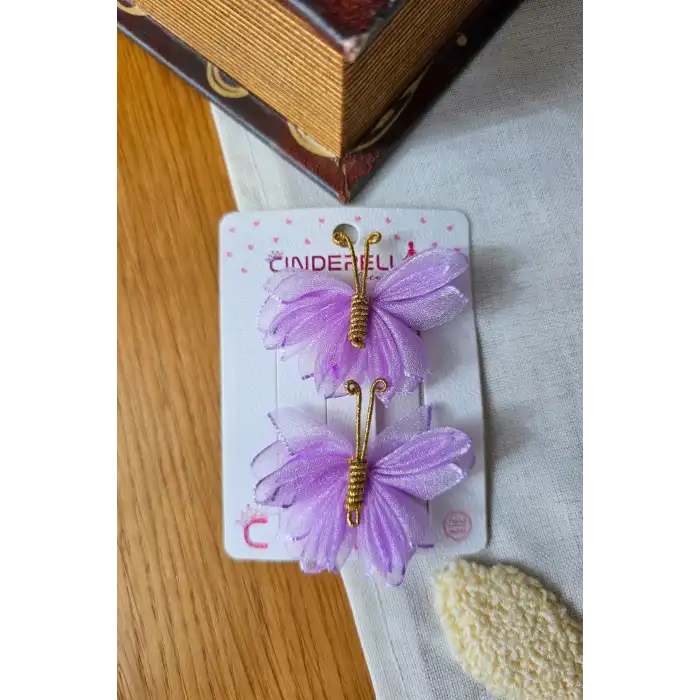 2li Mor Tül Kanatlı Gold Detaylı Kelebek Toka Seti 5cm - Kelebekli Toka Pens Klips Saç Tokası