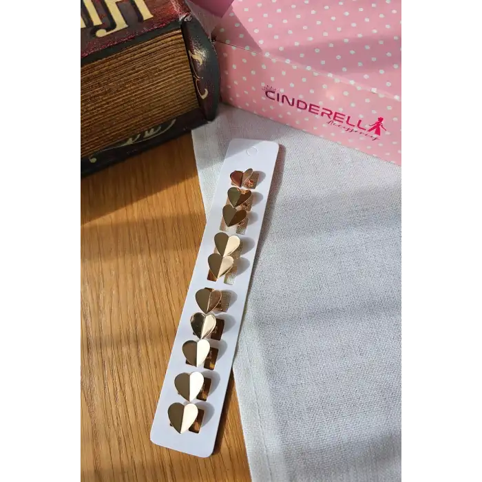 10lu Şık Gold Kalpli Çıtçıtlı Klipsli Örgü Saç Süsü - Genç Kız Süsleme Tokası Takısı Küpesi Metal