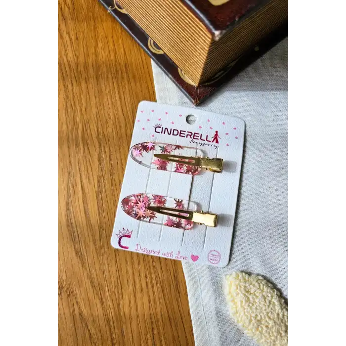 2li Günlük Kullanım Pembe Epoksi Detaylı Asetat Dayanıklı İz Yapmayan Klipsli Pens Saç Toka Seti