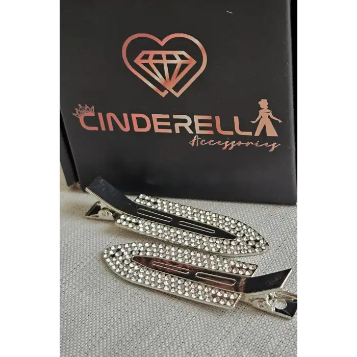 2li Zirkon Taş İşlemeli Şık Hediyelik İz Yapmayan Pens Klipsli Saç Makyaj Tokası 6cm Gümüş Metal