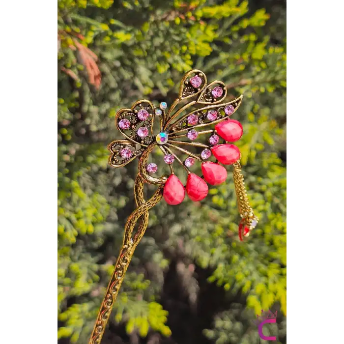 Tavus Kuşu Sallantılı Pembe Taşlı Vintage Japon Saç Topuz Tokası 16cm - Metal Saç Topuz Çubuğu