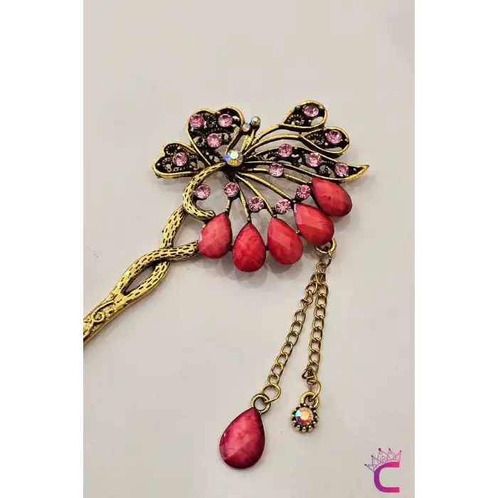 Tavus Kuşu Sallantılı Pembe Taşlı Vintage Japon Saç Topuz Tokası 16cm - Metal Saç Topuz Çubuğu