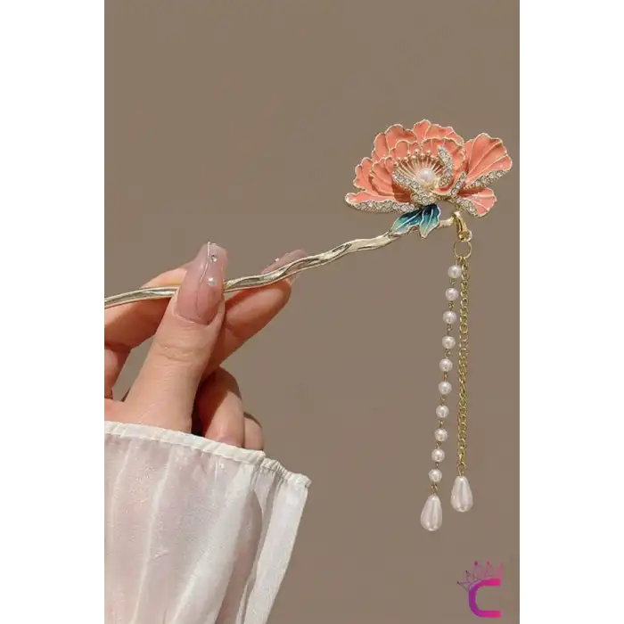 Peony Zirkon Taşlı Pembe Çiçekli Japon Topuz Tokası 16cm - Zarif Sallantılı İncili Metal Çubuk Toka