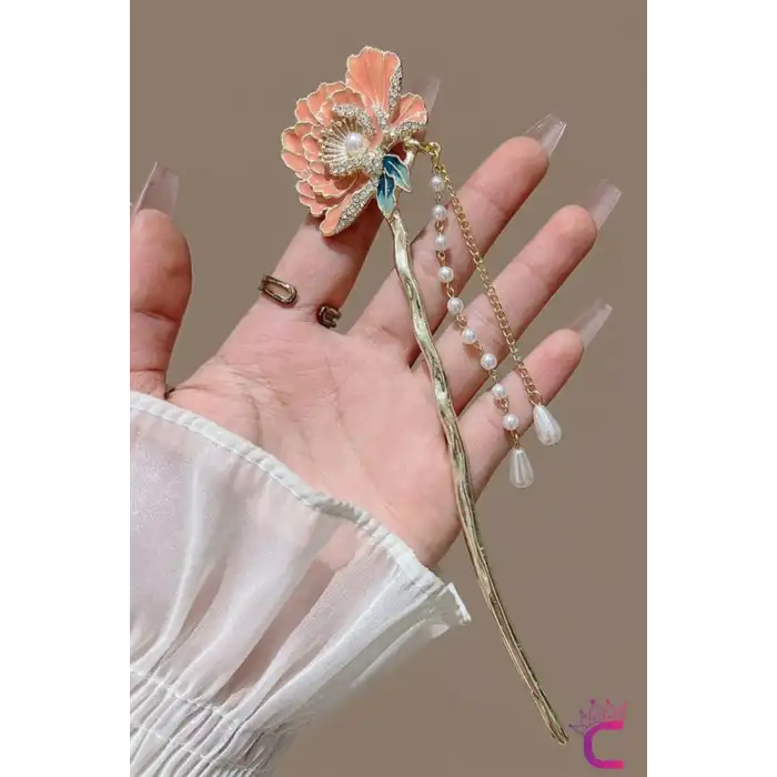 Peony Zirkon Taşlı Pembe Çiçekli Japon Topuz Tokası 16cm - Zarif Sallantılı İncili Metal Çubuk Toka