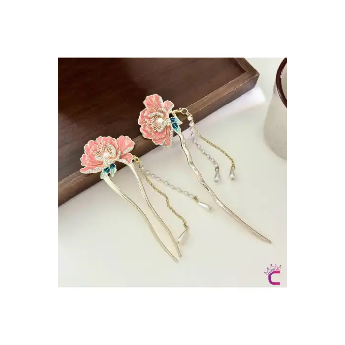Peony Zirkon Taşlı Pembe Çiçekli Japon Topuz Tokası 16cm - Zarif Sallantılı İncili Metal Çubuk Toka