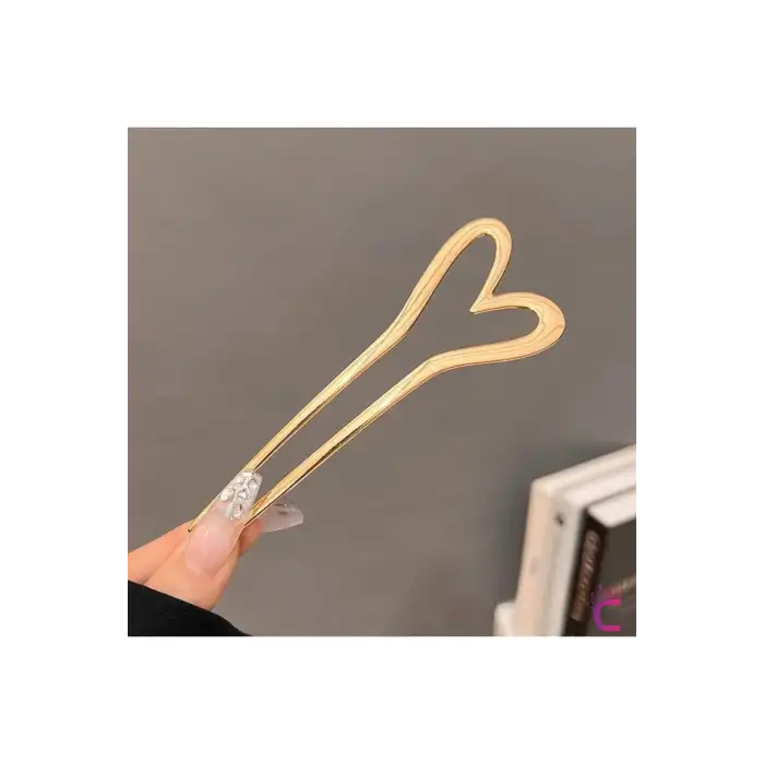 Kalp Tasarım Şık Kadın Gold U Topuz Tokası 13cm - Hediyelik Saç Toplama Çubuğu Metal Çubuk Toka