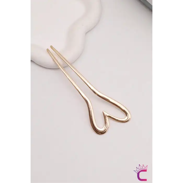 Kalp Tasarım Şık Kadın Gold U Topuz Tokası 13cm - Hediyelik Saç Toplama Çubuğu Metal Çubuk Toka