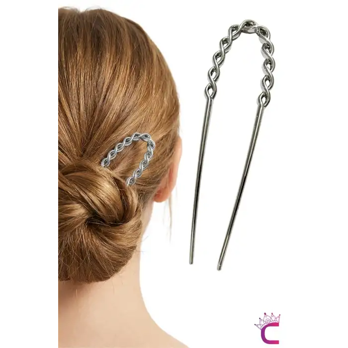 Twist Model French Pin Kadın Gümüş Metal Topuz Tokası 12.5cm - Modern Çubuk Toka Saç Topuz Çubuğu