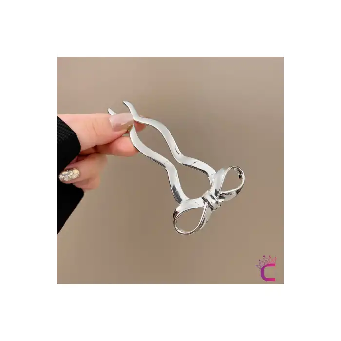 Fiyonk Kurdele Tasarım Kadın Metal Topuz Tokası Gümüş 12cm - Şık Günlük U Çubuk Toka Saç Çubuğu