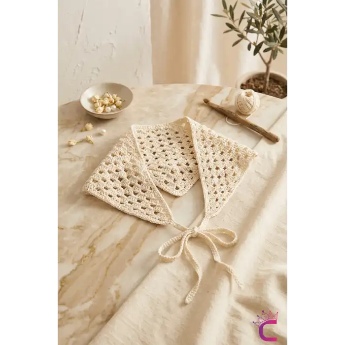 Bohem Yazlık Delikli Triko Örgü Üçgen Bandana Krem - Kadın Plaj Tatil Günlük File Örme Saç Bandanası