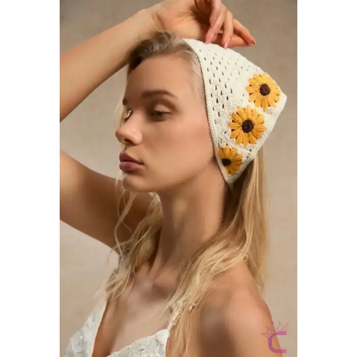 Bohem Cottagecore Ayçiçeği Desenli Örme Üçgen Bandana - Kore Tarzı Yazlık Tatil File Örgü Saç Bandı