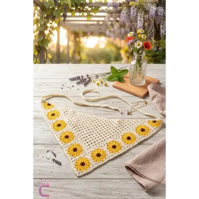 Bohem Cottagecore Ayçiçeği Desenli Örme Üçgen Bandana - Kore Tarzı Yazlık Tatil File Örgü Saç Bandı