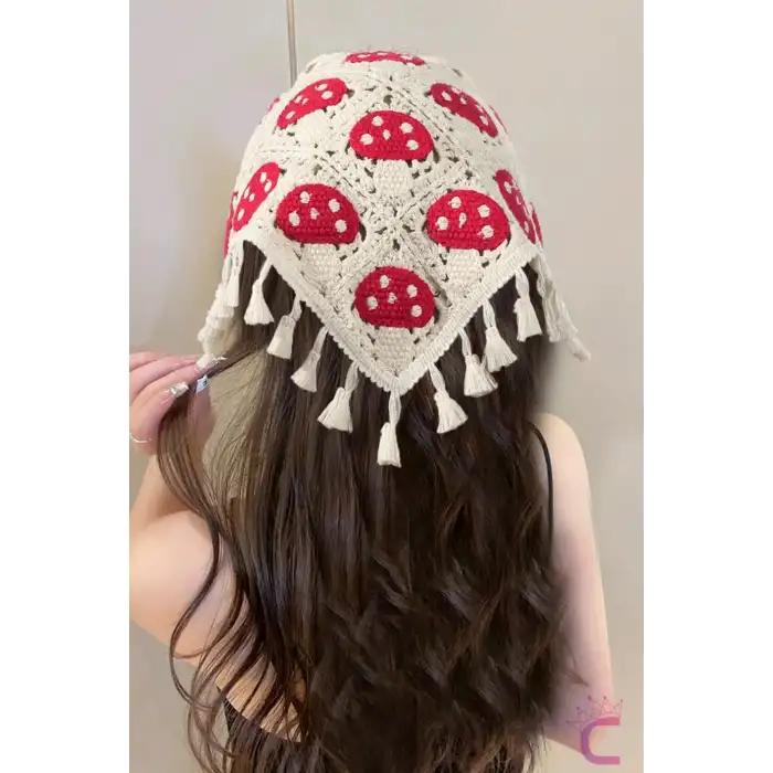 Sevimli Mantar Desenli Örme Üçgen Bandana - Yazlık Plaj Tatil Delikli File Örgü Saç Bandanası