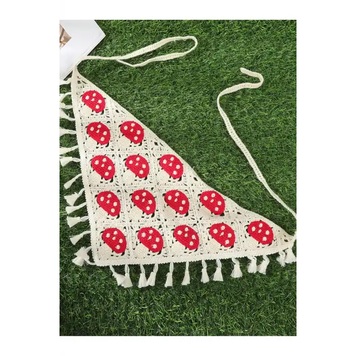 Sevimli Mantar Desenli Örme Üçgen Bandana - Yazlık Plaj Tatil Delikli File Örgü Saç Bandanası